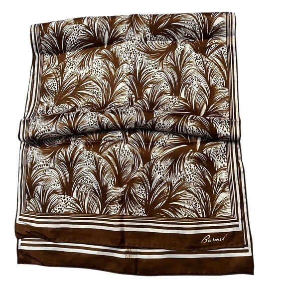 Burmel Accessories - Vintage Burmel Hand Rolled Oblong Brown & White Frond Print Silk Scarf 15x 43